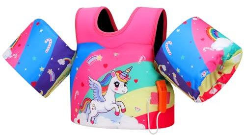 MoKo Chaleco de Natación para Niños, Flotadores de Brazo para Niños de 20-50 lbs, Flotadores de Agua con Silbato de Emergencia, Bonitos Flotadores de Brazo para Piscina, Unicornio Arcoiris Rosa