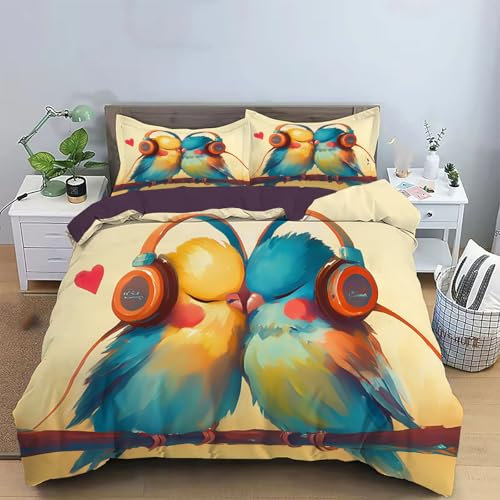 Lovebirds Bedding Set for Children Kids Boys Girls Watercolor orange plants and animals Print Duvet Cover,Modern Travel Microfiber Beds Cover 3 Pcs Summer Ultra Soft Microfiber Zipper Bedding Set