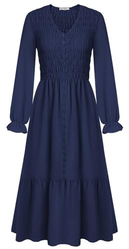 Womens Elegant V Neck Long Sleeve Dress Romantic Ruffle Country Style Maxi Dress with Pockets Navy Blue M