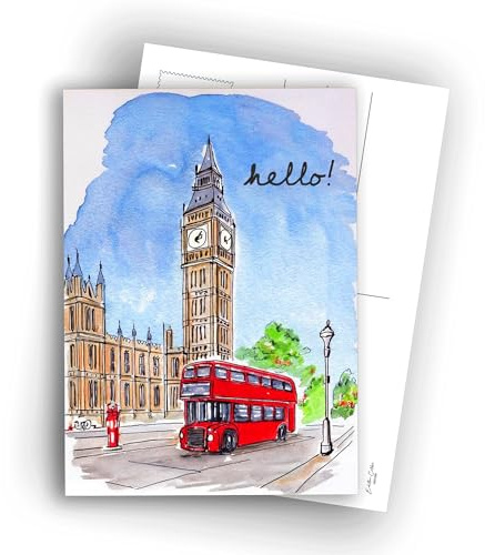 Edition Colibri London Postkarten - Aquarell-Illustration von Big Ben & Doppeldeckerbus - Hallo