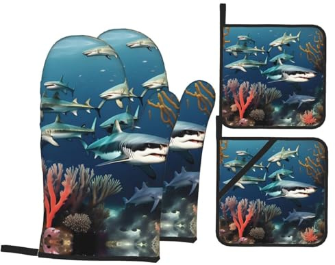 Gants de cuisine et maniques imprimés requins sous la mer - Gants de protection résistants et maniques pour cuisine, pâtisserie et barbecue