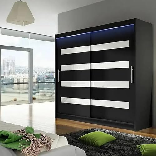 Agritrade AK BEGA XI 180 Wardrobe with Sliding Doors Hanging Rail Shelves Black with White and LED Lights