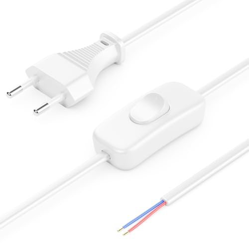 deleyCON 2m Euro-Netzkabel mit Schalter offenes Kabelende - Weiß | Stromkabel, Ersatzkabel, Anschlusskabel, Zuleitung mit flachem Typ C Euro Stecker, für Leuchten, Lampen und Leuchtmittel