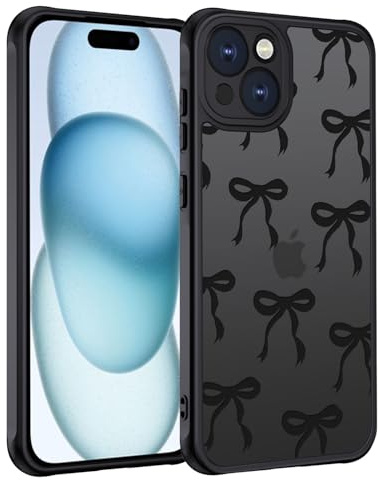 TUUTPU Handyhülle für iPhone 15 Hülle, Aesthetic Motiv Schleifen Muster Design Matt Transluzente Schlanke Hart Case Kratzfeste PC Rückseite + TPU Bumper Stoßfest Schutzhülle, Schwarz