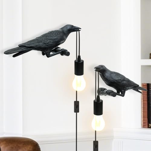 Krähen Wandleuchte Innen 2er Set Niedlich Vogellampe,Tier Wandlampe mit Schalter,Home Rabe Dekorative Wandleuchten,Kreative Harz Wand Lampe,Krähe Geschenke,Knopfsteuerung,E14 Sockelhalterung