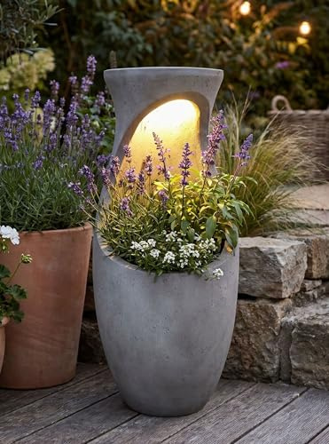 Vaso di design con illuminazione a LED solare Win 32-61 cm, effetto cemento, grande vaso per giardino e terrazza, resistente alle intemperie, illuminato