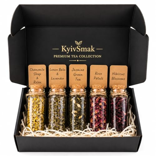 Premium Tea Gift Set – 5 Loose Leaf Herbal & Green Teas in Glass Vials | Luxury Tea Sampler Gift Box | 30+ Cups | Gift for Women & Men