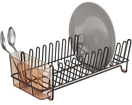mDesign – Escurridor de platos – Práctico escurreplatos con cubertero – Elegante escurrecubiertos para vajilla – Hasta 12 platos + cubiertos – Color: bronce