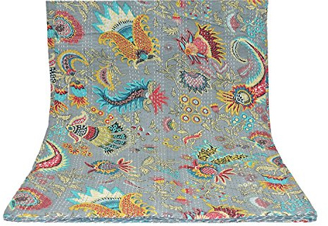 Kiara Indische handgemachte Baumwoll-Steppdecke, wendbar, Kantha-Paisley-Muster, Blumendruck, Tagesdecken & Überzüge, Steppdecke, Überwurf, Doppelgröße/Queen Size (Hellgrau, Queen)