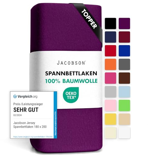 Jacobson Jersey Spannbettlaken Spannbetttuch Baumwolle Bettlaken (Topper 180-200x200 cm, Royal Lila)