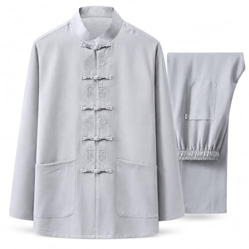 G-LIKE Traditional Chinese Arts Tai Chi Suit Qigong Wing Chun Shaolin Kung Fu Linen 2-Piece Suit-Suitable for Chinese New Year (UK, Alpha, L, Regular, Regular, Grey)