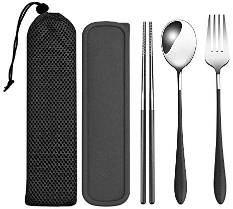 loopki Portable Reusable Travel Cutlery Set,Stainless Steel Cutlery Set Portable Camp Reusable Flatware Silverware,Include Fork Spoon Chopsticks with Case (Black)
