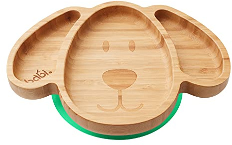 BABI® Baby Toddler Large Dog Plate, Natural Bamboo, with Stay Put Silicone Suction Ring (Green)