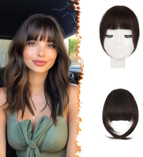 BARSDAR Echthaar Clip in Pony, 100% Echtes Echthaar Clip in Bangs für Frauen - Dunkler Braun Französischer Pony Extensions Fringe mit Bügeln Echthaar Pony Haarteile - Dunkleres Braun
