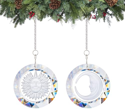 HDCRYSTALGIFTS 45 mm großer Kristall-Sonnenfänger mit rundem Anhänger, Regenbogen-Macher, für Zuhause, Auto, Dekoration, Geschenke (Mond und Sonne)