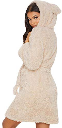 Minasan Women’s Short Bathrobe with Hood - Fluffy Sauna Nightwear Fleece Dressing Gown, Khaki, M