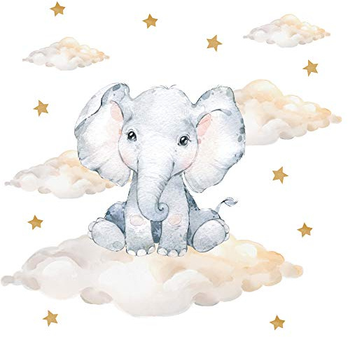 Pandawal Kinderzimmer Deko Wandtattoo Elefant mit Wolken Sterne Junge Mädchen Wandsticker Baby Safari Tiere Wandaufkleber (L, Elefant)