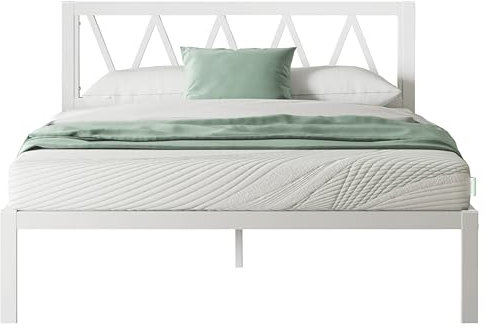 Novilla Bettgestell Metallbett 90x190 cm mit Lattenrost Metallrahmenbett Bettgestell mit Kopfteil-Design Ehebett Gästebett, Weiß