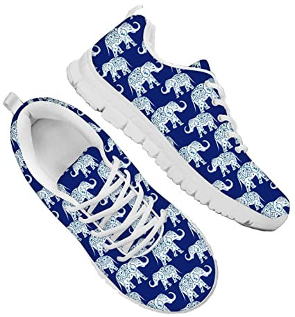 Dolyues Stammes Ethnisch Elefant Pattern Damen Niedriges Oberteil Mesh Laufschuhe, Lässig Leichte Bequeme draussen Sportliche Wanderschuhe (Königsblau)