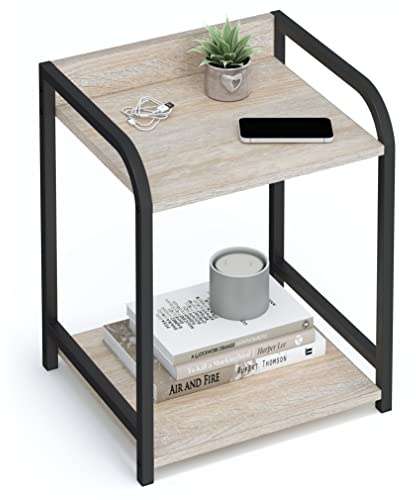 stardis Beistelltisch Klein mit 2 Platzsparenden Ablagen, Metallgestell/Holz, Nachttisch, B 44 x T 37 x H 53 cm, Stabiler Couchtisch, Konsolentisch, Eiche Weiß