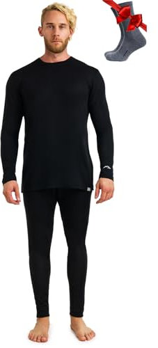 Merino.tech 100% Merino Unterwäsche Herren Set - Leicht Thermounterwäsche Merinowolle, Langarm Shirt und Hose + Wandersocken aus Merinowolle (Large, 165 LITE Black)