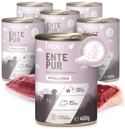 ReaVET Premium Hunde Nassfutter - Ente Pur 6 x 400g I Reines Muskelfleisch, Hypoallergen, ohne Getreide & Zusätze, Hundenassfutter sensitiv für Allergiker