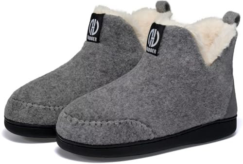 BUGUKI Fieltro Zapatillas de Casa Hombre Mujer Invierno Botas Casa Cálidas Peluche Forro Altas Pantuflas Botines Gris 42 43