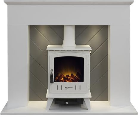 Adam Corinth Stove Fireplace in Pure White & Grey with Downlights& Aviemore Electric Stove in White, 48 Inch