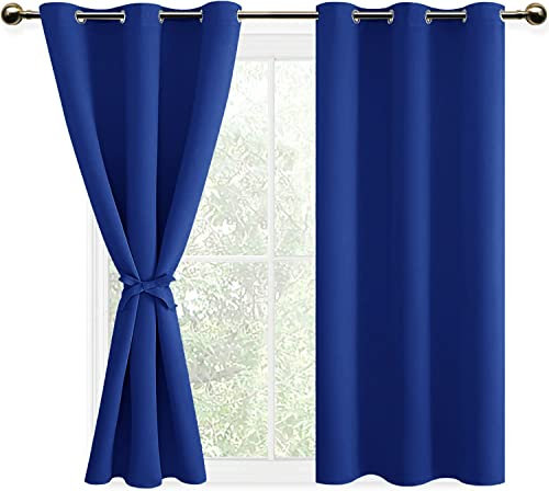 DWCN Blue Blackout Curtains with Tiebacks for Bedroom Thermal Insulated Solid Eyelet Curtains for Living Room,2 Panels,46 Wide x 54 Drop