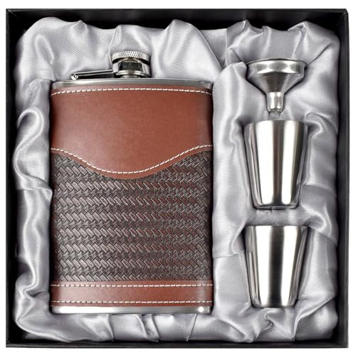 LHD HOME Flasque en cuir pour homme - Flasque en acier inoxydable 304 avec entonnoir - Verres à shot - Cadeau pour whisky, rhum, témoin d'honneur, témoin de mariage, mariage - Rayures en cuir marron -