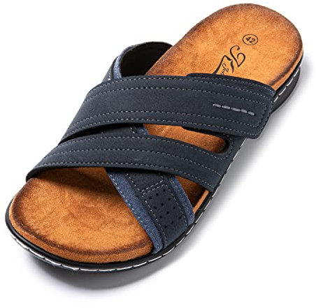 JOMIX Sandales Homme à Scratch Chaussures de Plage Tongs Hommes Chaussons d'été Confortables pour Maison Piscine Douche (Marine, 43)