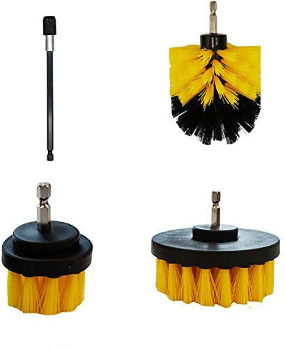 4 DRILL ATTACHMENT CLEANING BRUSH SET POWER SCRUB HOME CAR TILE BATHROOM YELLOW CLEANER EXTENDED LONG ATTACHMENT SCRUBBER FOR CARPET FLOOR TOILET KITCHEN CERAMIC TILES CAR VALETING DETAILING