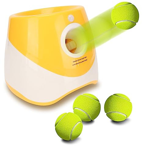 Automatischer Ballwerfer für Hunde, 3 Gänge, optionale interaktive Hunde Tennisball Wurfmaschine mit wiederaufladbarem Design, 2200 Ah Ballwerfer mit 3 Bällen für Hunde und Katzen