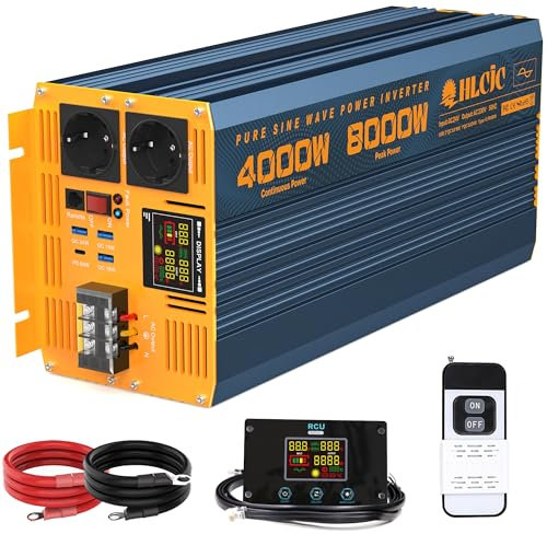 4000 W/8000 W, inversor de voltaje sinusoidal puro, 24 V a 230 V, con PD60 W/QC18W/24 W, carga rápida, puertos USB, 2 enchufes europeos, bloque de terminales 2 mandos a distancia, pantalla LCD para