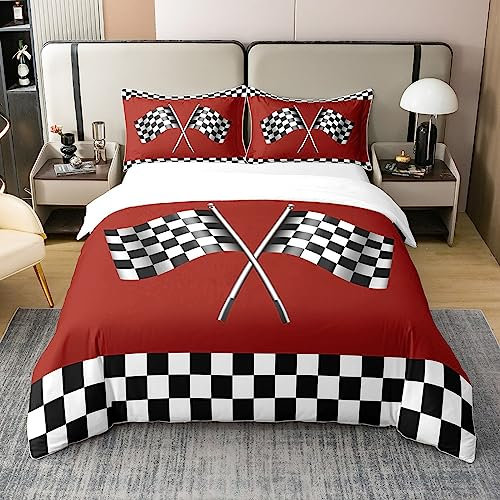 richhome Karierte Flagge Rot 100% Natur Baumwolle Bettbezug Race Car Thema Tröster Bezug 135x200 Schwarz Weiß Geometrische Gitter Plaid Ästhetische Luxus Bettwäsche Set