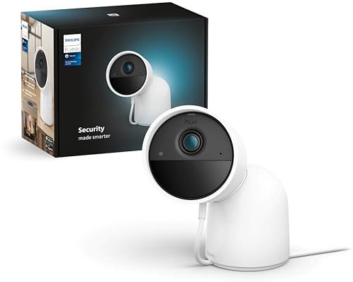 Philips Hue Secure kabelgebundene Smart Home Überwachungskamera mit Standfuß, Full HD Video, für drinnen oder draußen, Smart Home Security und Lichtsteuerung per App, weiß