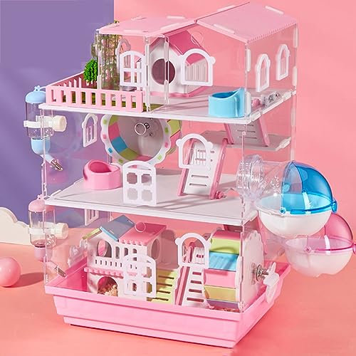 Rattenkäfig mit Zubehör, PS/ABS-Material, Belüftungsdesign, Tablettdesign, Leicht zu Reinigen, Hamstervilla mit Wasserkocher, Schüssel, Badezimmer, Villa, und Bunte Bogenbrücke ( Color : Pink , Size :