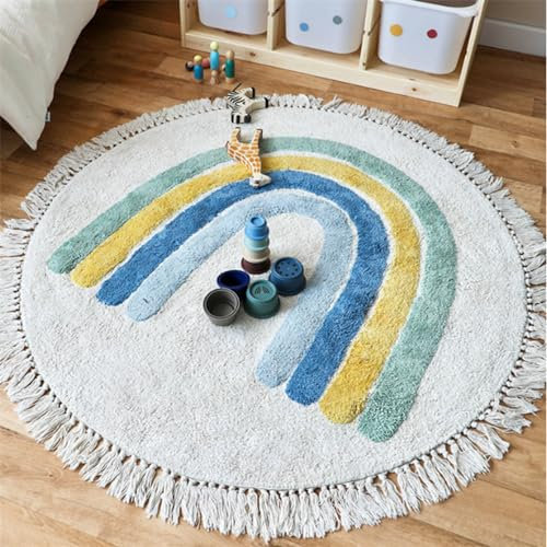 ZOYIEP Regenbogen Kinderteppich Rund Teppich Kinderzimmer Spielmatte Babymatte Waschbar Bodenmatte Babymatte rutschfest Groß Spielmatte (Blue,60x60cm)