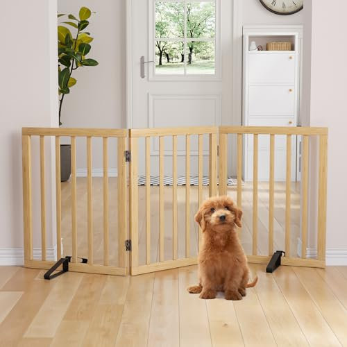 Semiocthome Freistehendes Hundegitter aus Bambus für Türen, 3-teilige Indoor-Welpentore für das Haus mit 2 Metallständern, 61 cm (H), zusammenklappbares Haustiergitter für Treppen, erweiterbar bis zu