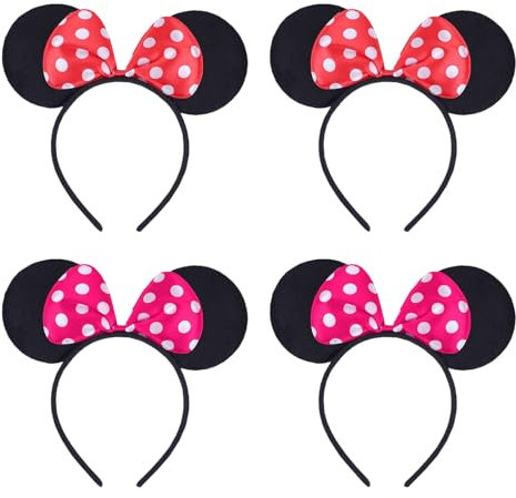 EUPSIIU 4 Stück Maus Ohren Haarreif Schwarz Maus Ohren Roter Schleife und weißen Punkten, Maus Ohren, für Kinder & Erwachsene Partys Cosplay Kostüm, Weihnachten Haarband