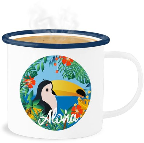 Emaille Becher Blechbecher - Karneval & Fasching Tassen - Aloha Tukan - Hawaii Aloha Party Hawaiian Hawaii-Kleidung Karibik - 300 ml - Weiß Blau - fasching- tasse carnevale karnevals faschings