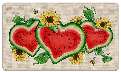 Tailus Summer Watermelon Decorative Front Door Mat, Heart Shaped Melons Sunflower Doormat Indoor Outdoor Non-Slip Floor Entryway Rug, Bees Seasonal Home Kitchen Decoration 17x29 Inch
