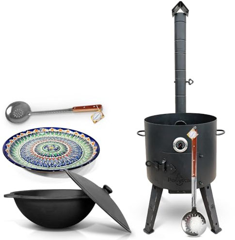 Feuerofen Utschak Ø 44 cm mit Thermometer Gusseisen Kazan 16 L Ø 46,5 cm runder Boden Lagan Ø 37 cm 2 Schaumlöffel 48 cm und 64 cm Учаг Uchag Asia (Set 3)