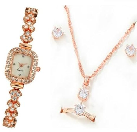 Mr. Gadget's Solutions Reloj y 5 piezas de joyería para mujer y niña, reloj de pulsera cúbico de moda, oro rosa, oro rosa