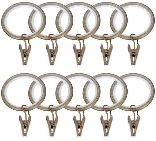HDTL 10 Stück Gardinenringe mit Gleiteinlage und Clips Ø 25 19 16 mm Metall Messing Antik für Ø 25mm Stange