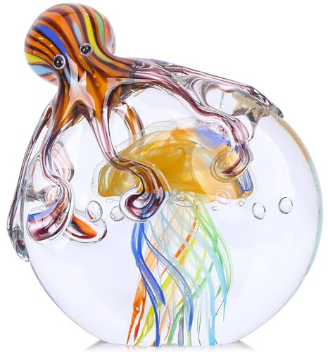 LCCCK Glas-Oktopus-Quallen-Statue – mundgeblasenes Glasdekor – Ozean-Figuren – Büro-Schreibtisch-Briefbeschwerer – Aquarium – Meerestiere – Weihnachts- und Geburtstagsgeschenk