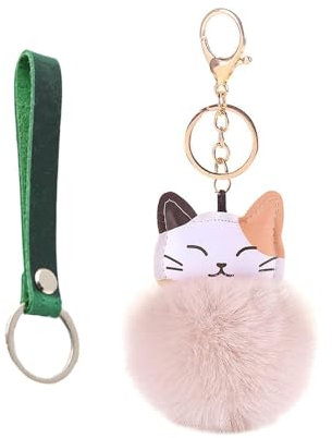 Qiwenr Porte-Clés, Porte-Clés Boule en Peluche, Mignon Porte-Clés en Peluche, Porte-Clés Chats Mignons, Convient aux Sacs à Main, Clés de Voiture, Accessoires Décoratifs(Vert + Blanc Cassé)