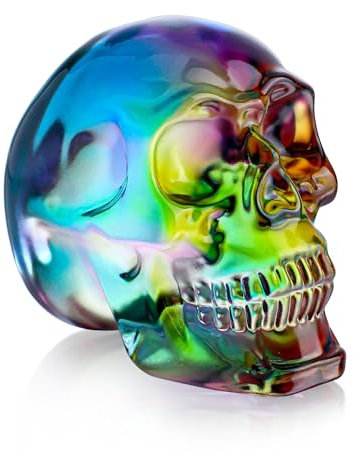 HDCRYSTALGIFTS 7,6 cm große, mehrfarbige Kristallstatue mit menschlichem Schädel, für Heimdekoration, Halloween-Kopf-Figur, Dekoration, Geschenk, Kunstglas, Tag der Toten, Skulpturensammlungen