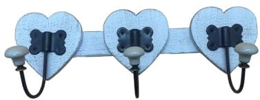Shabby Chic - Appendiabiti da parete con 3 ganci a cuore, colore: Bianco antico