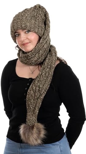 Birendy XXL Beanie AA Mütze, Zipfelmütze inklusive Schal, Pudelmütze, Wintermütze mit großer Fellbommel aus Fellimitat. Extra Lang mit weichem Fleece abgefüttert